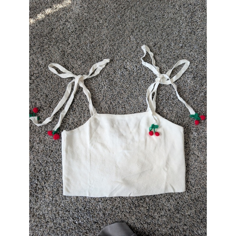 Forever 21 White Ribbed Knit Cherry Pom-Pom Tie Shoulder Crop Top Small